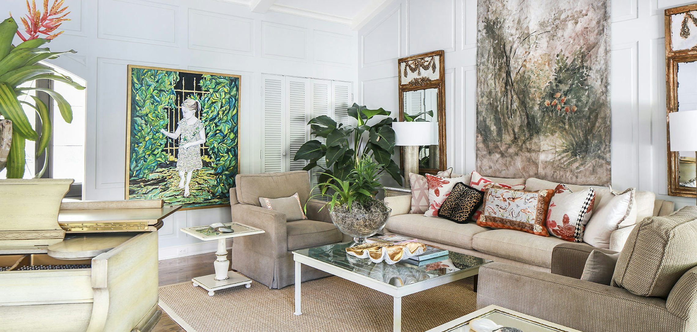 Kristin designed the living room around a grand piano that originally belonged to her grandmother the large scale artworks in this vaulted ceiling space